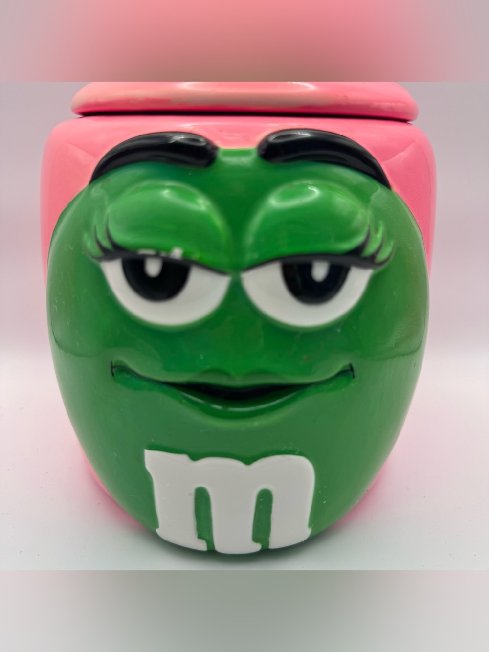 Vintage 2003 M&M’s Green Character Ceramic Cookie Jar Galerie Pink Mars - Picture 3 of 13
